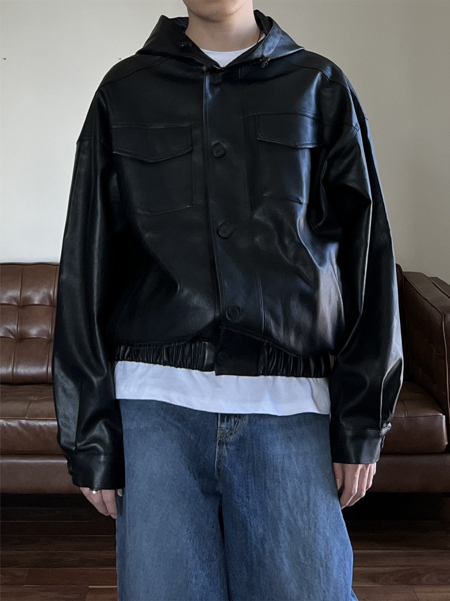 Leather Button Hood Jacket